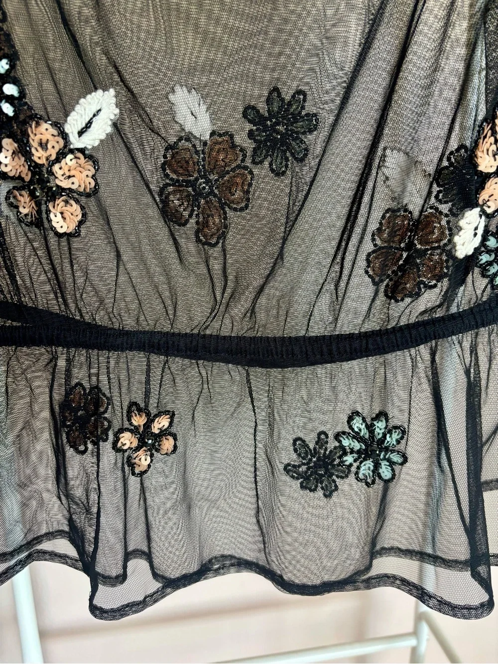 Anthropologie Black Sheer Floral Embroidered Peplum Blouse